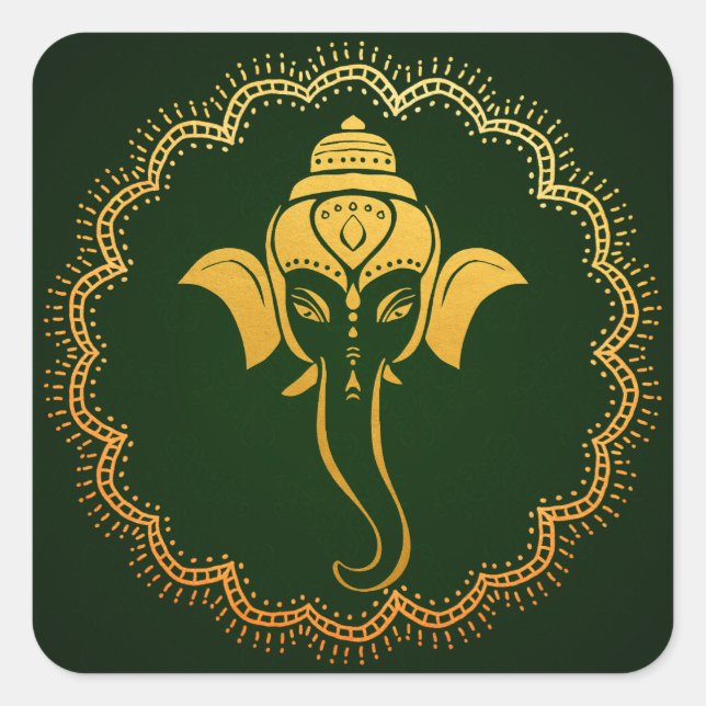 Adesivo Quadrado Ganesh Festivo Dourado | Verde Casamento Indiano (Frente)