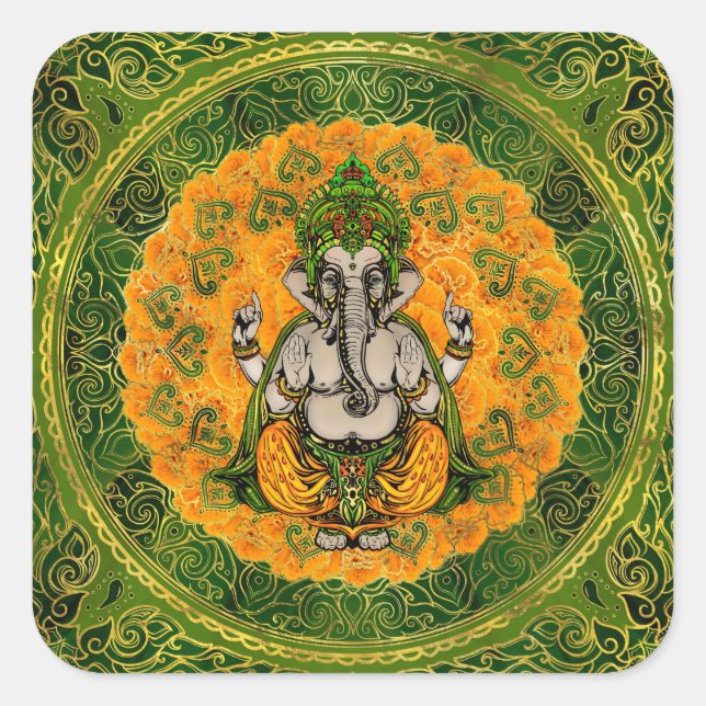 Adesivo Quadrado Ganesha em Marigold flores e decoração de ouro (Frente)
