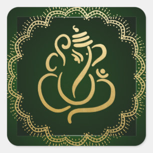 Adesivo Quadrado Ganesha Festivo Dourado   Deus Indiano Verde
