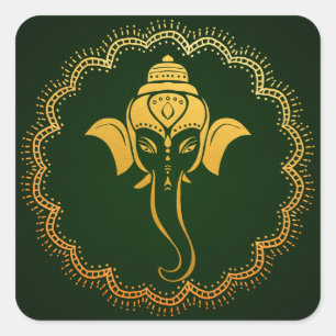 Adesivo Quadrado Ganesha Festivo Dourado   Verde Casamento Indiano