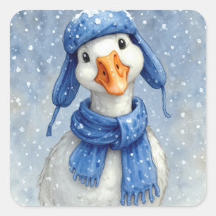Adesivo Quadrado Ganso de Inverno Branco em Aquarela Com Cachecol A
