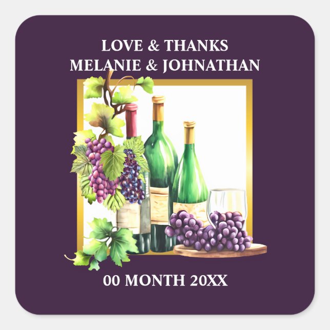 Adesivo Quadrado Gargalos de vinho aquarela uvas lápis winery chiqu (Frente)