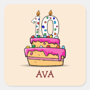 Adesivo Quadrado Garota 10 de aniversário, 10 de bolo rosa doce