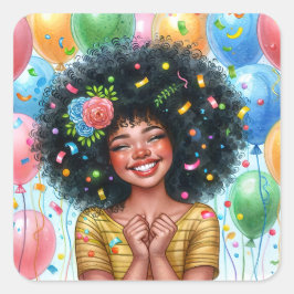 Adesivo Quadrado Garota Afastada de Aniversário com Aquarela Castan