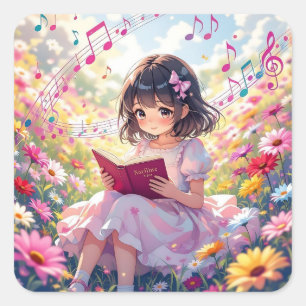Adesivo Quadrado Garota Anime Fofa Lendo um Livro