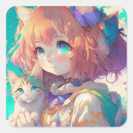 Adesivo Quadrado Garota anime segurando um gatinho adorável