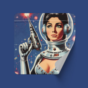 Adesivo Quadrado Garota Astronauta de Ficção Científica Vintage
