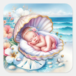 Adesivo Quadrado Garota bebê em um Chá de fraldas de concha