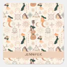 Adesivo Quadrado Garota boêmica com a mística Dreamcatcher