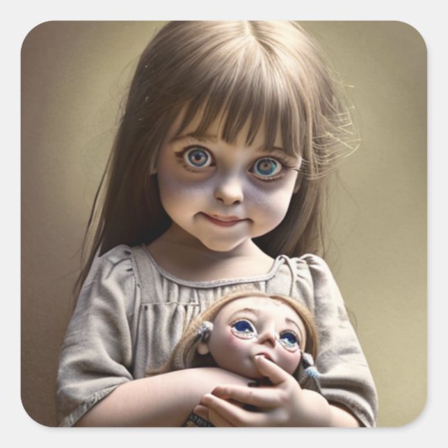 Adesivo Quadrado Garota bonita com olhos grandes e boneca assustado (Frente)