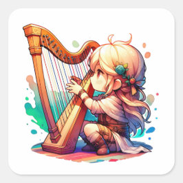 Adesivo Quadrado Garota Chibi Bonita Jogando Harp