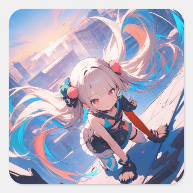Adesivo Quadrado Garota de Animação Whimsical em Movimento (Frente)