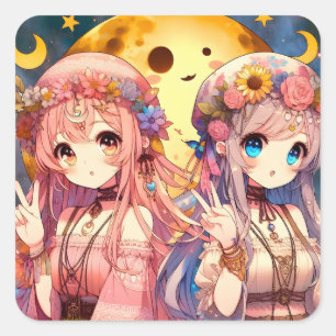 Adesivo Quadrado Garota de Anime Hippie Lua Garotas Fazendo Sinal d