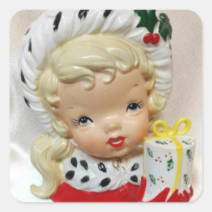 Adesivo Quadrado Garota de Natal Vase Presente Holly Bonito