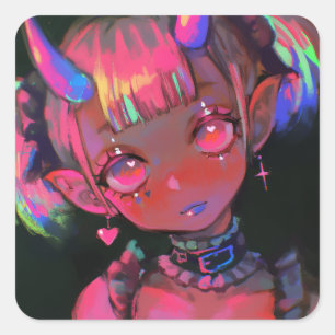 Adesivo Quadrado Garota Demoníaca Kawaii Neon Pastel Goth