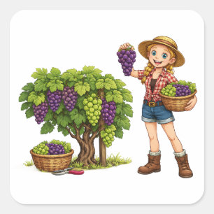 Adesivo Quadrado Garota do campo colhendo uvas, arte da colheita da