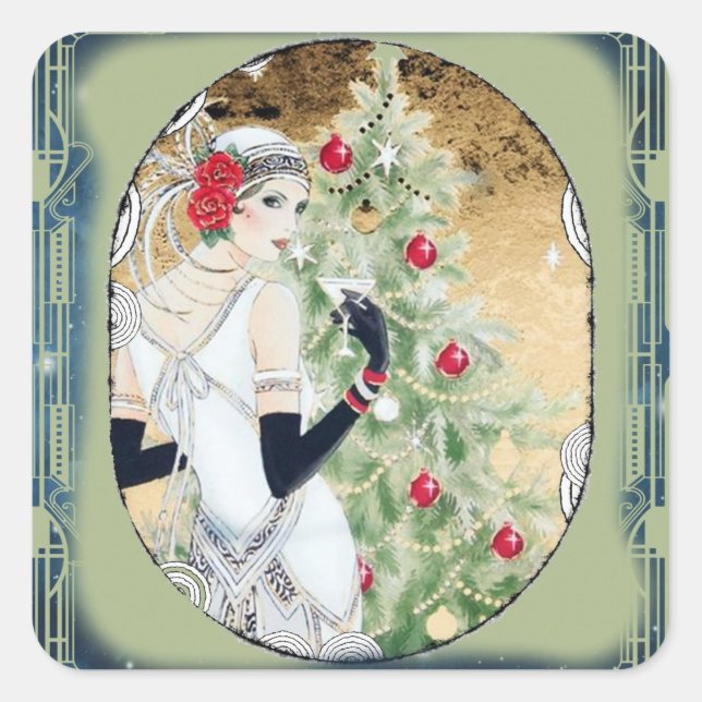 Adesivo Quadrado Garota Flapper de Natal com Bebida e Árvore (Frente)