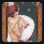 Adesivo Quadrado Garota Flapper de Natal em Dourado vestido<br><div class="desc">Vintage 1920 Flappers de Natal em um vestido dourado,  brilhante. Uma em uma série de meninas que celebram o Natal. Uma maneira de desperdiçar o embrulho de presente! Obrigado a um ilustrador fantástico!</div>
