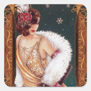 Adesivo Quadrado Garota Flapper de Natal em um Vestido Dourado Bril