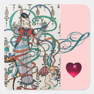 ADESIVO QUADRADO GAROTA JOVEM, CAMADAS DE FILHO COLORIDAS, MONOGRAM