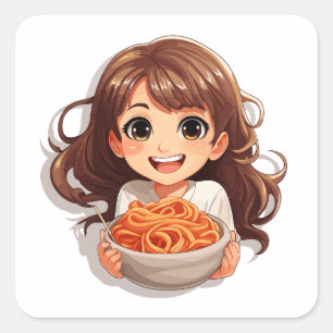 Adesivo Quadrado Garota Kawaii Bonita Comendo Espaguete