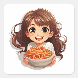 Adesivo Quadrado Garota Kawaii Bonita Comendo Espaguete