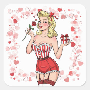 Adesivo Quadrado Garota Loira Pin-Up Retrô do Dia dos Namorados