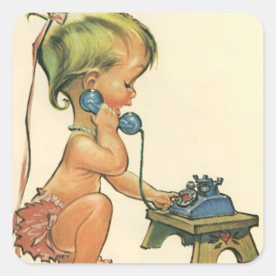 Adesivo Quadrado Garota Loura-Justa Vintage falando no Toy Phone