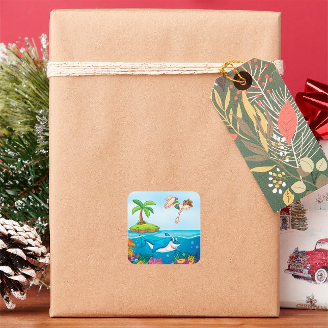 Adesivo Quadrado Garota Mergulhando No Recife De Coral De Tubarão A (Criador carregado)