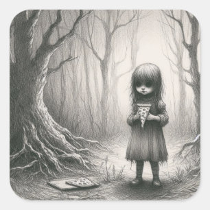 Adesivo Quadrado Garota Spooky com Ilustração de Horror de Pizza