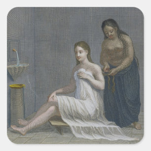 Adesivo Quadrado Garota Turca, tendo seu cabelo trançado nos banhos