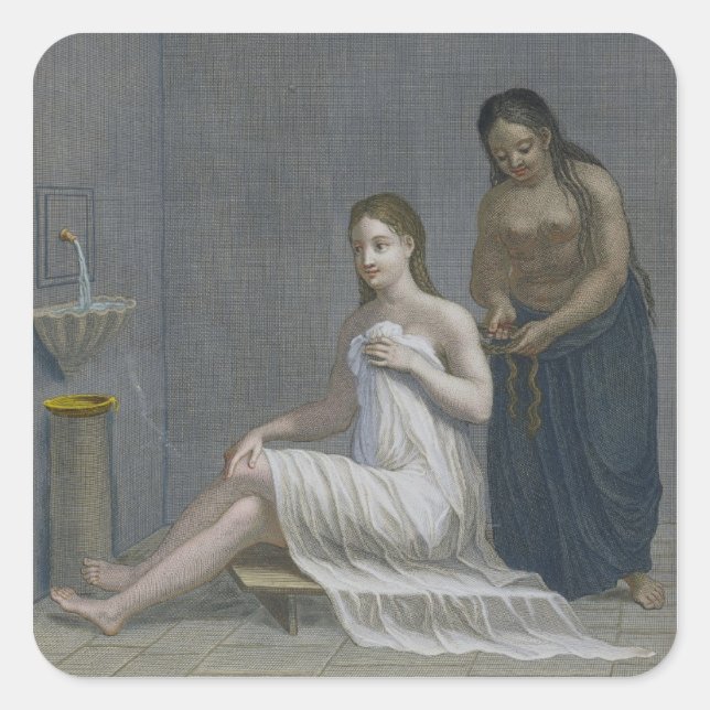 Adesivo Quadrado Garota Turca, tendo seu cabelo trançado nos banhos (Frente)