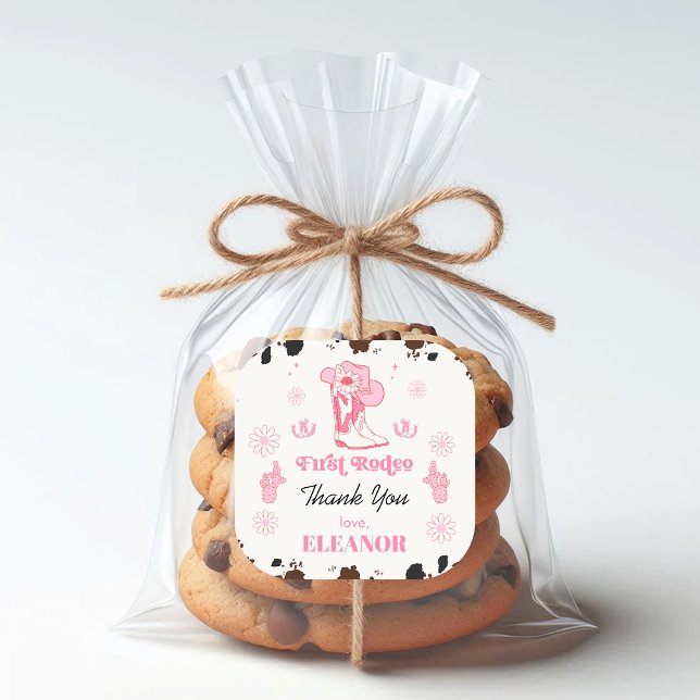 Adesivo Quadrado Garotas Rosa Quente Primeiro primeiro aniversario  (Pink First Rodeo 1st Birthday Sticker, Cowgirls boots, Cowgirl Hat, First Rodeo Birthday Stickers)