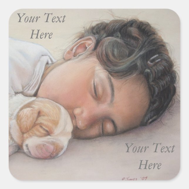 Adesivo Quadrado garotinha muito bonita abraçando um pequeno cachor (Frente)