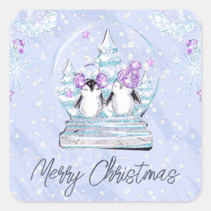 Adesivo Quadrado Garrafa de neve de amigos pinguins de inverno fofo