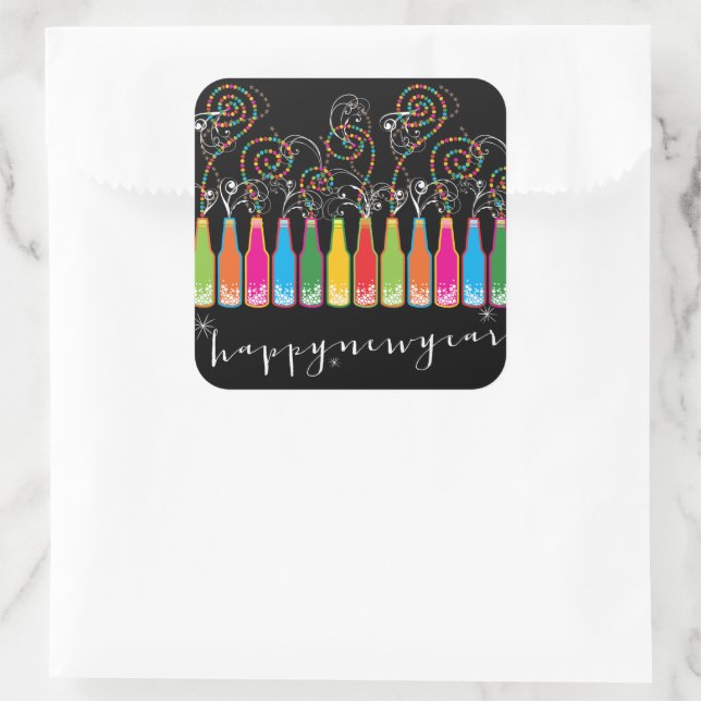 Adesivo Quadrado Garrafas de bolhas coloridas animam Ano Novo (Bolsa)