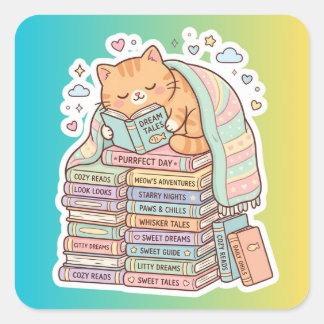 Adesivo Quadrado Gata Bibliófila Confortável Leitura Gata