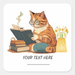 Adesivo Quadrado gata fofa mãe lendo um livro e bebendo café