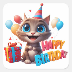 Adesivo Quadrado Gatinha de Aniversário com Caixa de Presente 🐱