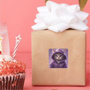Adesivo Quadrado Gatinho Adorável num Hoodie Roxo