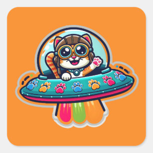Adesivo Quadrado Gatinho Arco-Íris UFO