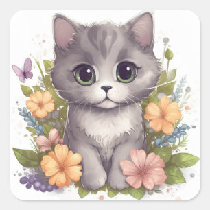 Adesivo Quadrado Gatinho bonita com flores Chibi Kawaii