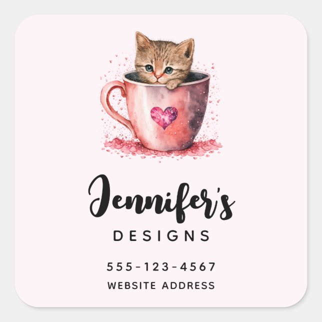 Adesivo Quadrado Gatinho Bonito em Teacup com Negócio de Corações (Frente)