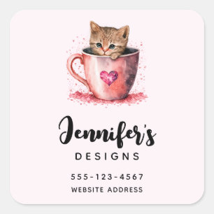 Adesivo Quadrado Gatinho Bonito em Teacup com Negócio de Corações