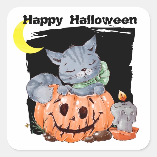 Adesivo Quadrado Gatinho bonito Jack o'Lanterna Kids Halloween (Frente)