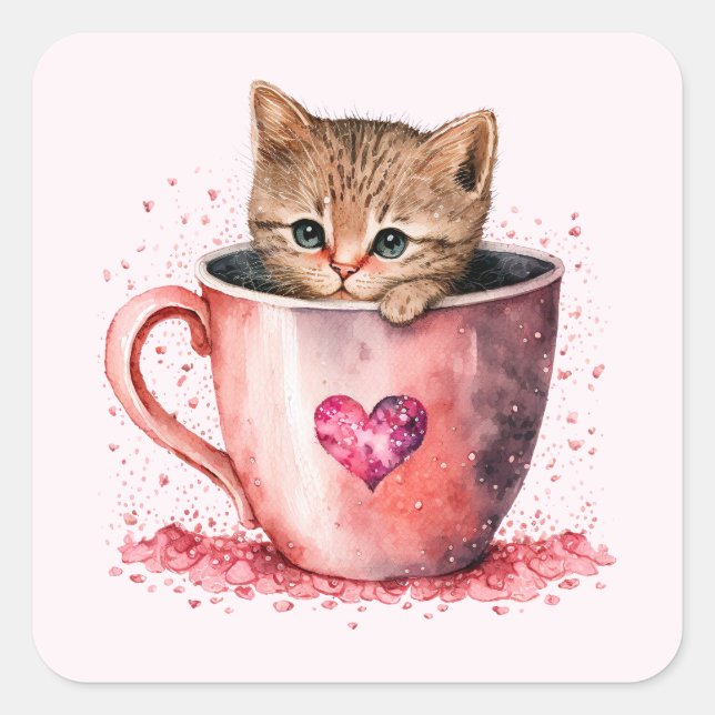Adesivo Quadrado Gatinho Bonito num Teacup com Corações (Frente)