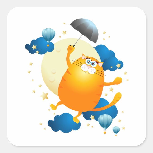 Adesivo Quadrado Gatinho bonito voando com guarda-chuva (Frente)