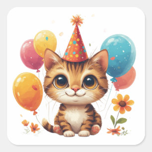 Adesivo Quadrado Gatinho de Aniversário Com Balões e Flores Fofo 🎉
