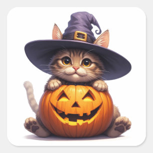 Adesivo Quadrado Gatinho de Bruxa Fofa Segurando Jack O Lantern 🎃
