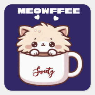 Adesivo Quadrado Gatinho de Café Meowffee Customizado Fofo